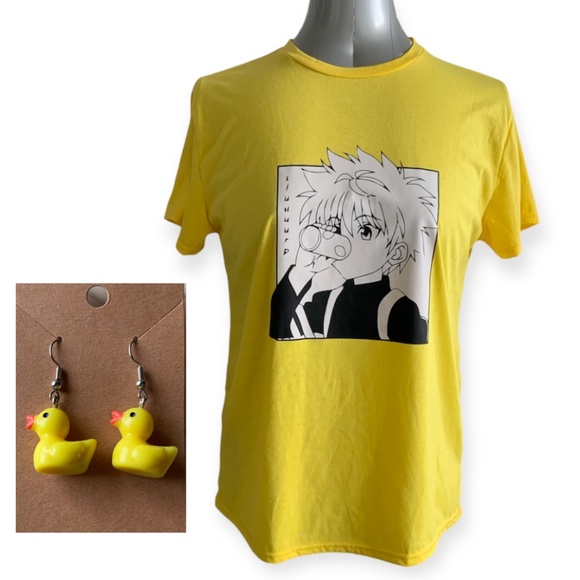 Tops - Japanese Anime Yellow T-shirt size 3XL (fits XL) & Handmade Duck Earrings